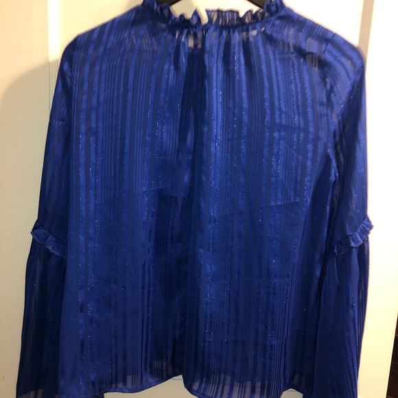 Lulu's Blouse Blue Mock Neck Top Long Bell Sleeve - Picture 5 of 13